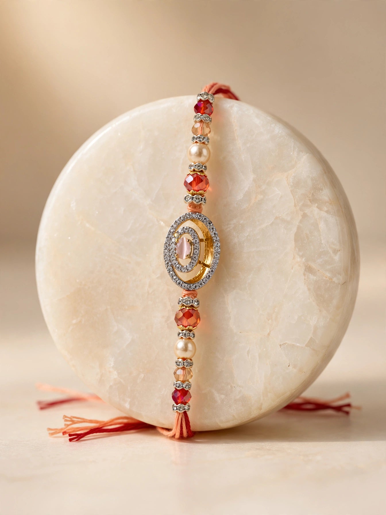 A beaded Rakhi bracelet with red-orange beads, white faux pearls, and a central gold-toned oval charm with clear stones, draped over a round cream stone display on a warm beige background.
